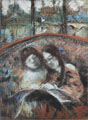  Portrait des petites-filles du Peintre, devant un paravent aux vues de Paris. Pastels sur toile 100x73cm, 1933 (cat.1020).   
